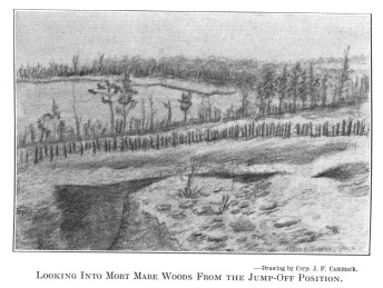 Looking Into Mort Mare Woods From the Jump-Off Position.--Drawing by Corp. J.F. Cammack.