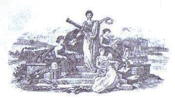 Illustration of women dressed in ancient Grecian style, with symbols of education, learning and achievement