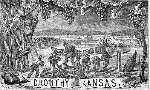 Elaborate oster showing men working fabulously abundant farms in 'Drouthy Kansas'