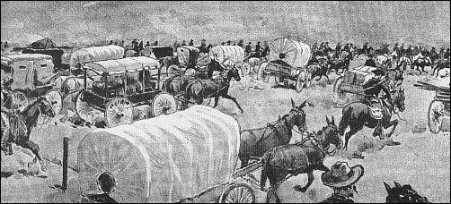mad rush of wagons, horses and people in the Oklahoma Land Rush of 1893