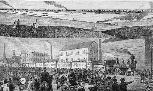 unbelievably vast wheat field and a crowded trainyard with a train too long to be fully shown in the painting