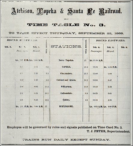 AT&SF timetable, 1869