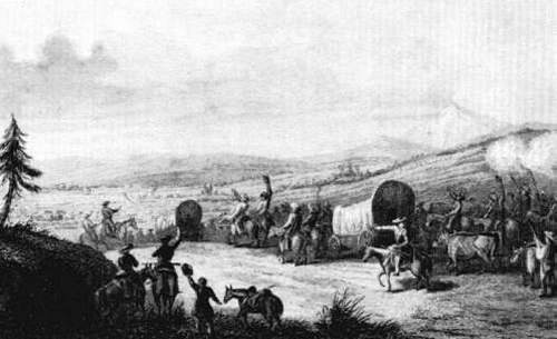 View of the wagon train arriving in Santa Fe