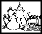 Drawing of teapots, cups and pedestal dishes with candies and such