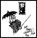 Drawing of a fella with an umbrella sneaking downstairs to go out but dressed for bed, with a wall grandfather-style clock in the background, and sound effects of feet hitting the treads of the stairs