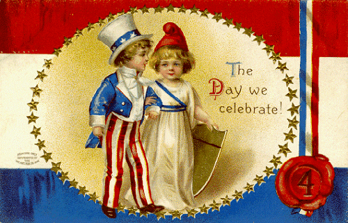 Painting of two children, a boy as Uncle Sam and a girl as Lady Liberty, against a red, white and blue banner