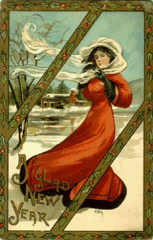 A Glad New Year -- picture of windswept young woman in winter scene