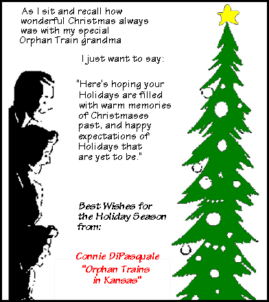 Sketch of happy family gazing at bright Christmas tree: Best wishes for the Holiday Season from Connie DiPasquale, Orphan Trains of Kansas