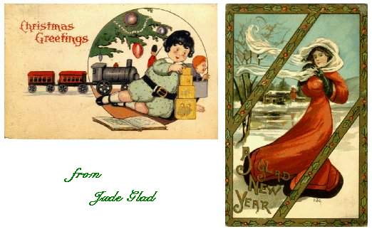 Two antique postcards -- Christmas greetings, children playing with wooden toys, and A Glad New Year, a windswept young woman on a winter day