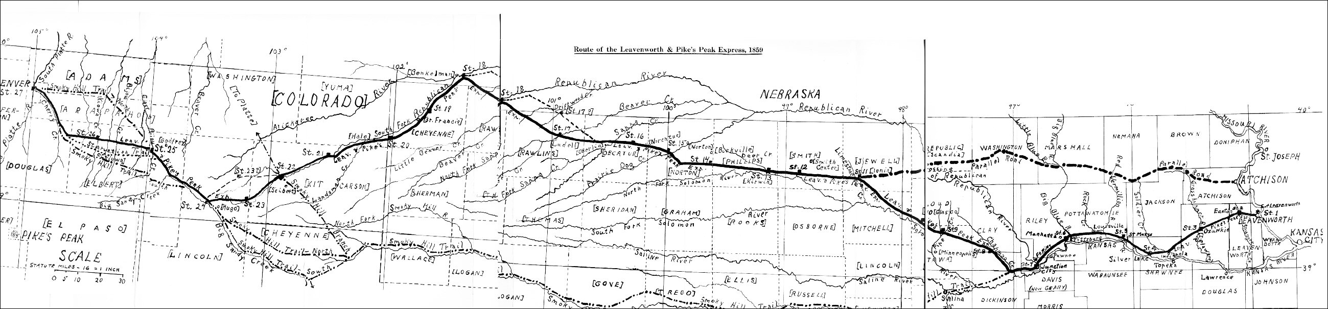 [Map of the Leavenworth-Denver Express Route, 1859.]