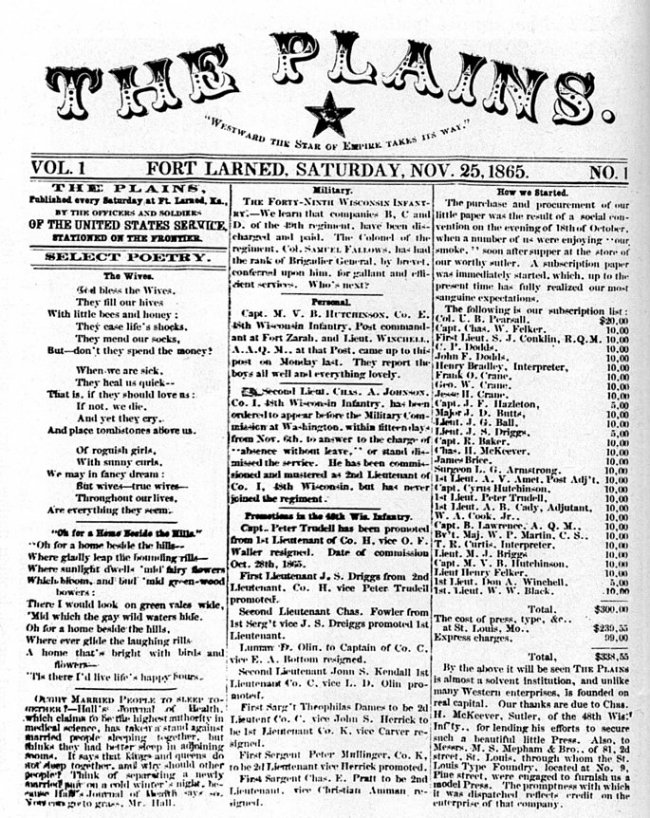 The Plains Newspaper Volume 1 Number 1 Fort Larned Saturday November 25 1865