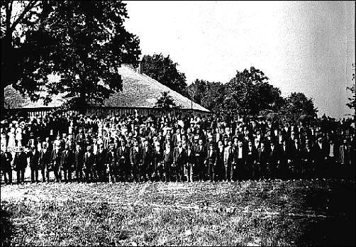 Men at the Bismarck Grove old settlers meeting, 1879