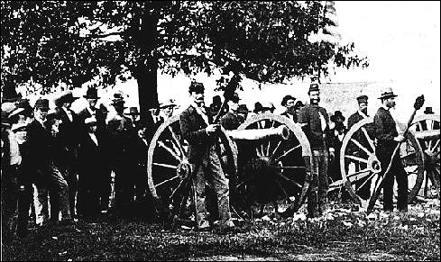 Cannon prepared to fire at old settlers meeting, Bismarck Grove, 1879