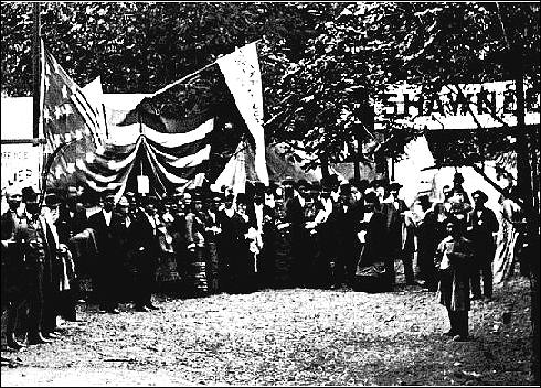 Shawnee County KS headquarters at old settlers meeting in Bismarck Grove, 1879