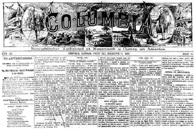 Front page of Welsh/American newspaper Y Columbia for December 11, 1890