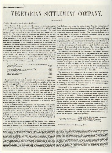Vegetarian Settlement Company bulletin