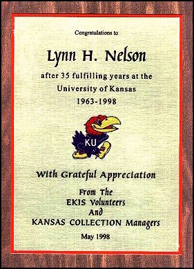 Plaque presented to Lynn Nelson on his retirement from the University of Kansas